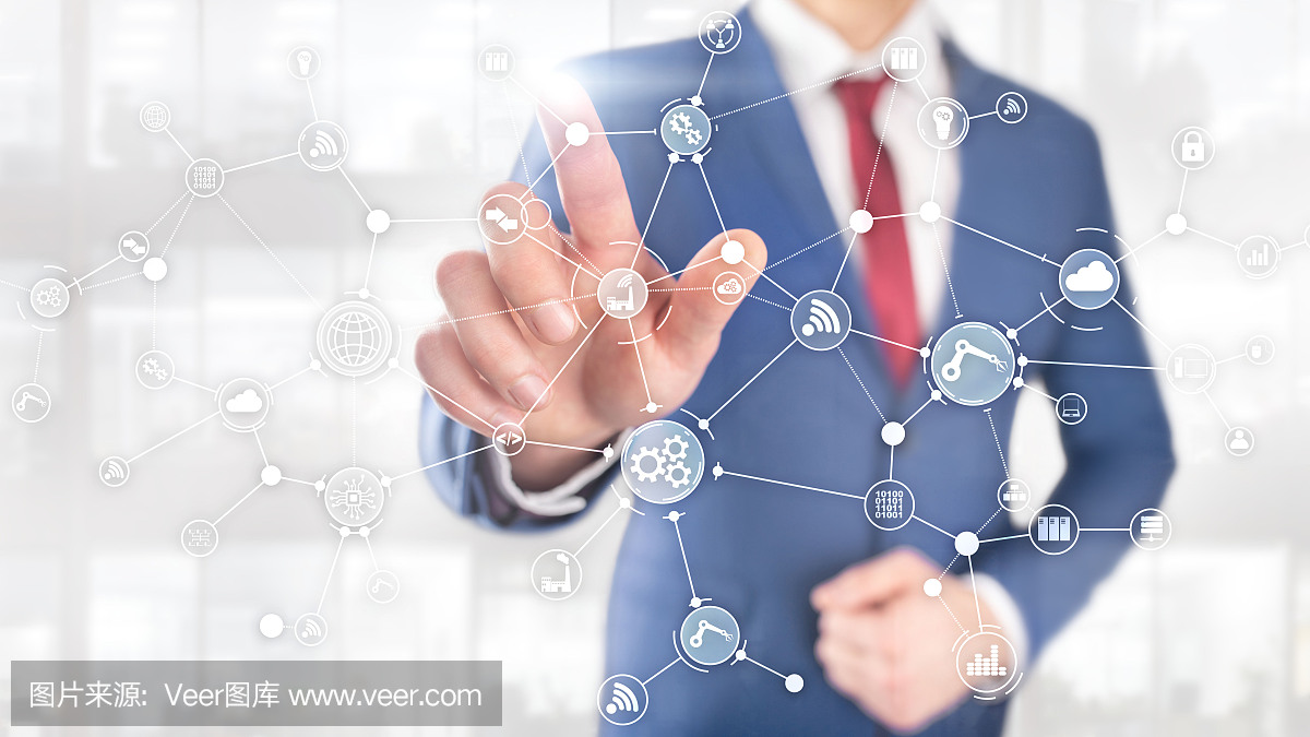 虛擬屏幕上的技術工業業務流程工作流組織結構。物聯網智能行業概念混合媒體圖。